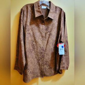 Studio Works cinnamon colored tunic shirt blouse top with floral designs